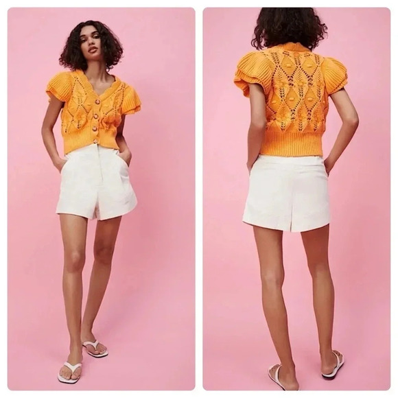 ZARA | Bloggers Fav Orange Knit Ruffled Sleeves Buttoned Short Cardigan Size M - Picture 1 of 15